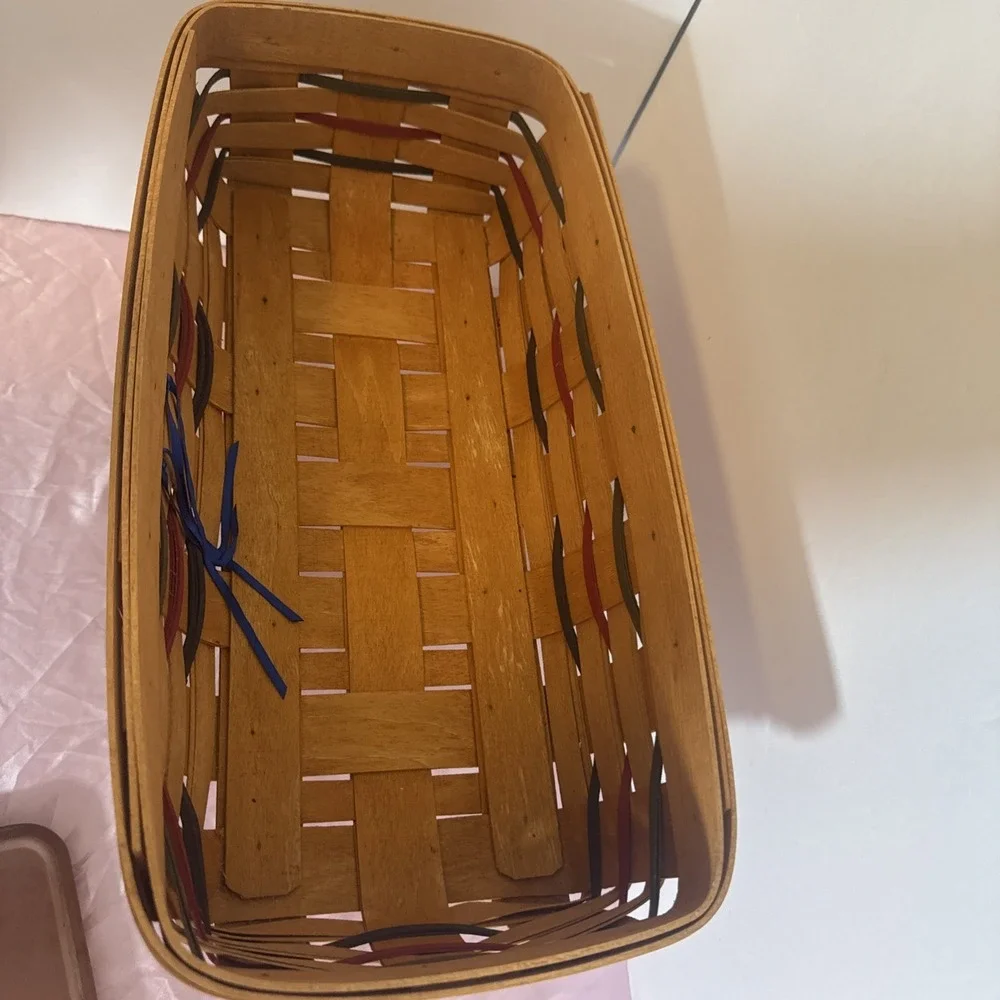 Longaberger Bread Basket 1994 Green Fabric Liner Divider Welcome Tag Bread Brick